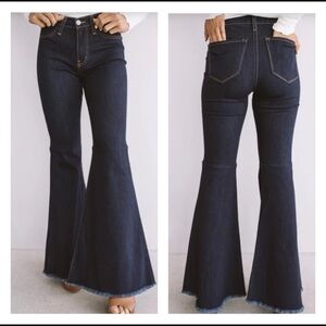 Judy Blue Dark Blue High Waist Super Flare Jeans Frayed Raw Hem Stretch Sz 1/25